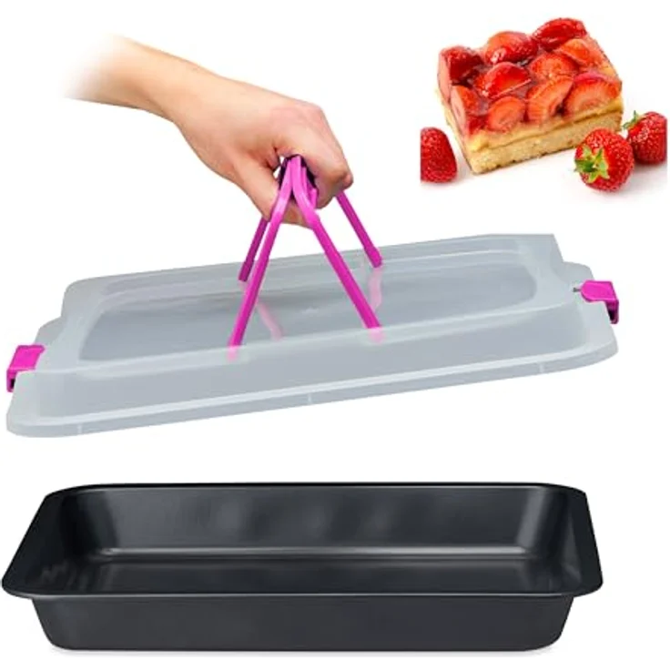 relaxdays Backblech mit Deckel, rechteckige Kuchenform aus Carbon-Stahl, Pink, antihaftbeschichtet, mit 2 Tragegriffen und Verschlussclips – Bild 1