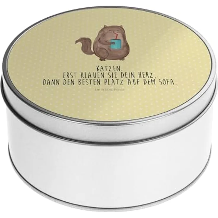 Mr. & Mrs. Panda Blechdose rund Katze Dose - Gelb Pastell - Geschenk, Keksdose, Vorratsdose, Metallbox