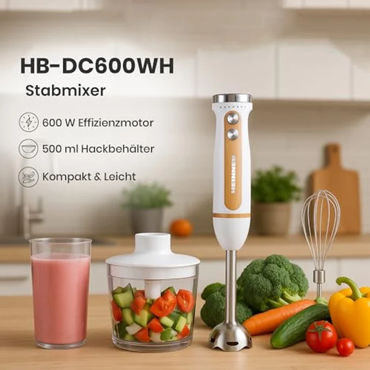 Heinner HB-DC600WH, Stabmixer mit 600 Watt Leistung, Mixerschüssel 1 Liter und Zerkleinerungsschüssel 0,5 Liter, Holzoptik – Bild 5