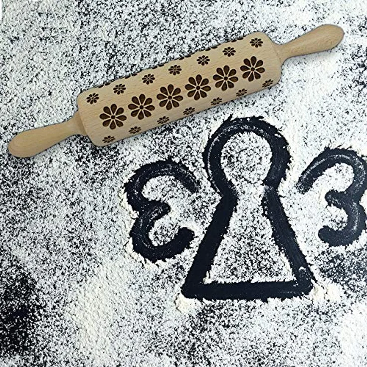HOFMEISTER® Präge Teigrolle mit Metallachse Motiv Blumen, Nudelholz für schöne Muster auf Keksen und Kuchen-Teig, Naturprodukt hergestellt in der EU
