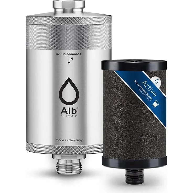 Alb Trinkwasserfilter Active, Wasserfilter mit Edelstahlgehäuse und Aktivkohle-Filterkartusche zur Schadstoffreduktion