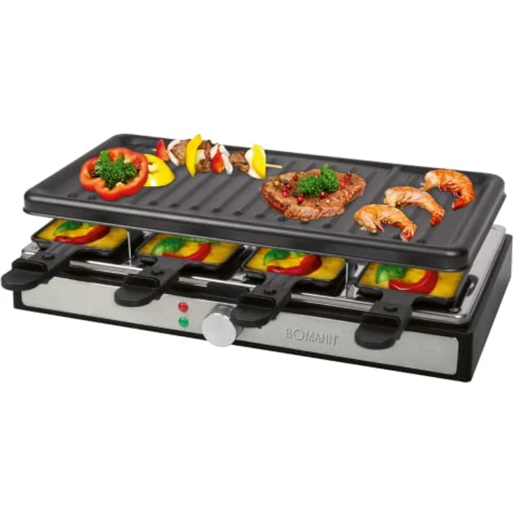 Bomann RG 6039 CB Raclette-Grill, Raclette für bis zu 8 Personen, zum Grillen und Überbacken, mit großer antihaftbeschichteter Grillplatte (42 x 21 cm ) und 8 Pfännchen + Holzspachtel, 1400 Watt – Bild 1