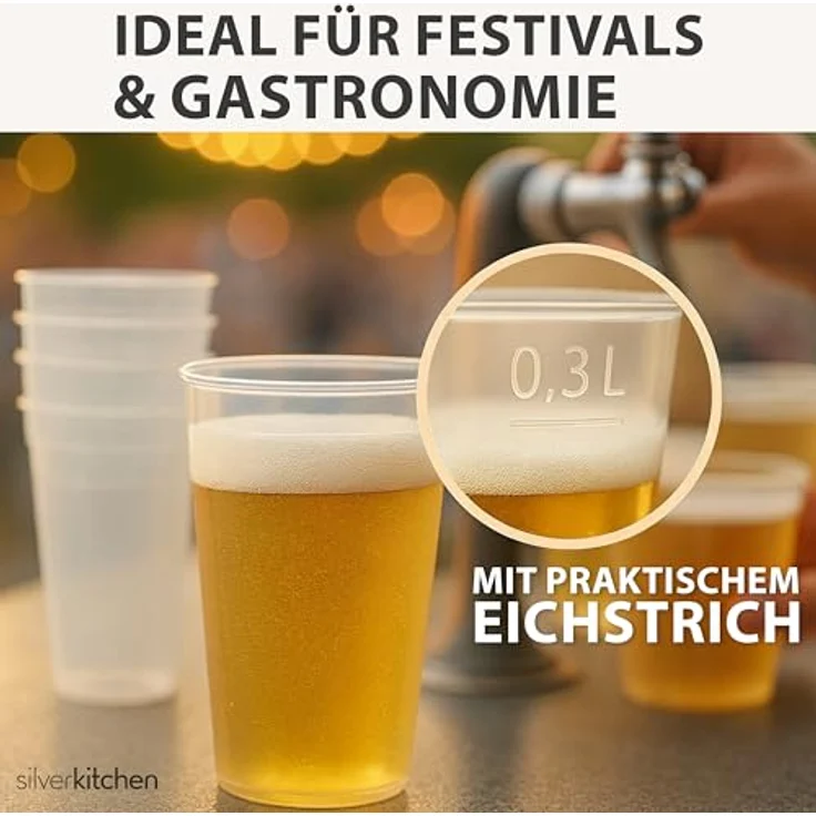 Silverkitchen 100x Mehrweg Plastikbecher 0,3 L – Stapelbare, spülmaschinenfeste Hartplastik Becher für Partys und Gastronomie, BPA-frei – Bild 3