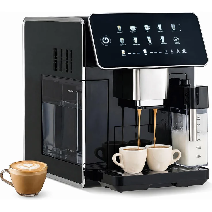COSTWAY Kaffeevollautomat 15 Bar 1350 W, Kaffeemaschine mit Mahlwerk, klassischem Milchaufschäumer, One-Touch Display und automatischer Reinigung, Schwarz & Silber
