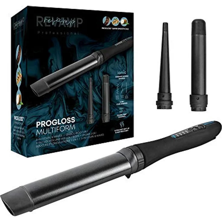 Revamp Progloss Multiform, 3 in 1 Multistyler Keramik-Lockenstab mit Ionen-Technologie und 3 Aufsätzen für große Wellen, kleine, mittlere und große Locken, verstellbare Temperatur & Abschaltautomatik