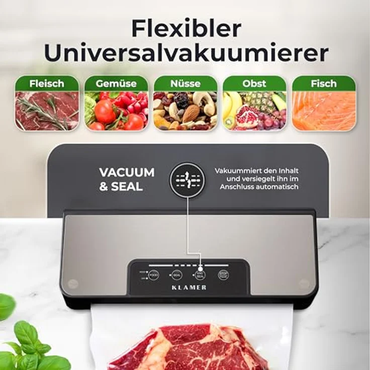 KLAMER Classic Pro 80 Vakuumierer für trockene oder feuchte Lebensmittel und Sous Vide, inkl. Vakuumier-Beutel und Schlauch – Bild 2