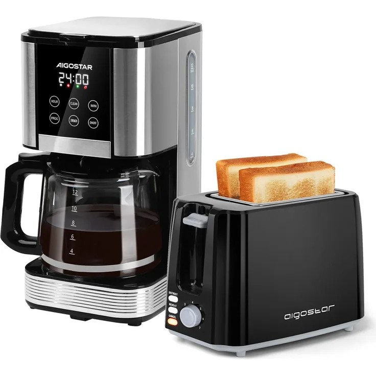 Aigostar Frühstücks-Set, 1,5L Filterkaffeemaschine Edelstahl 1000W & 2-Scheiben Toaster mit 7 Bräunungsstufen und Auftaufunktion