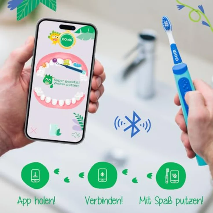 GUM Playbrush JUNIOR 6+ elektrische Zahnbürste | Interaktive Spiel-App | 2 Putzmodi | Extra weiche Borsten | 8 Wochen Akku | Timer | 1x Schallzahnbürste, wiederaufladbar | 2 extra Bürstenköpfe | Blau – Bild 5