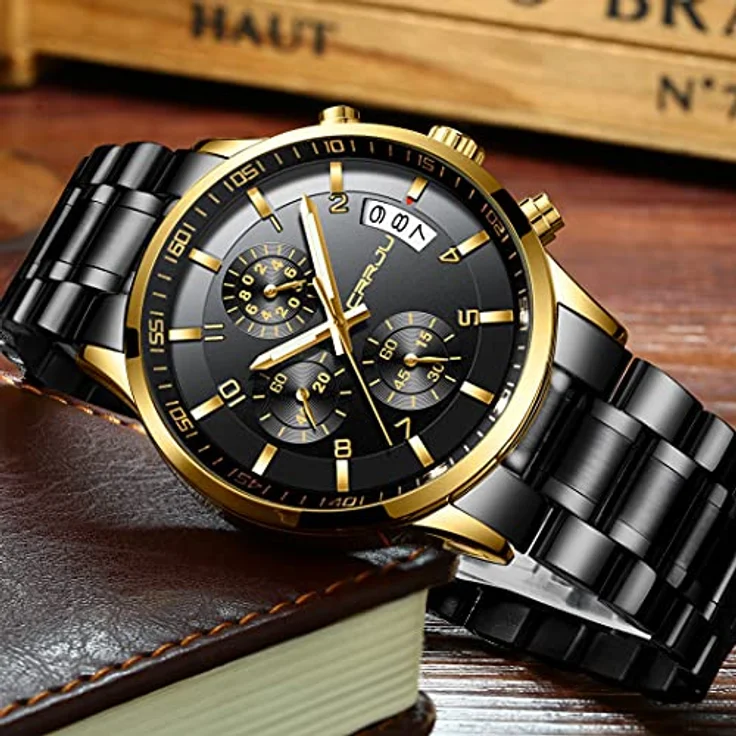 CRRJU Herren Armbanduhr Chronograph mit wasserdichtem Edelstahlarmband, analoges Quarzwerk, automatischer Kalender, Schwarz-Gold – Bild 3