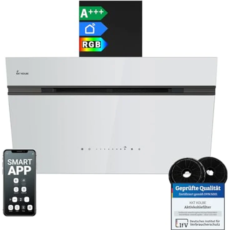KKT KOLBE AURORA8005SW Dunstabzugshaube 80 cm, A+++ Energieeffizienz, 782 cbm/h, Schwarz Weiß Glas, Kopffrei, Smart WiFi App, SensorTouch, RGBW LED-Beleuchtung, Nachlaufautomatik – Bild 1