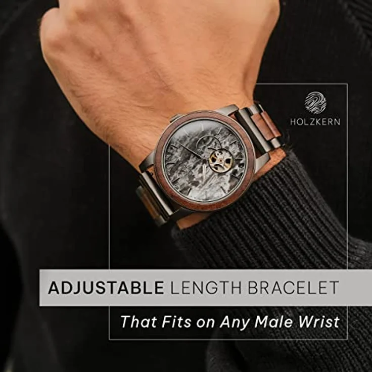 HOLZKERN Herrenarmbanduhr Automatik Chicago, Walnuss/Marmor, mechanisches japanisches Uhrwerk, 42 mm, kratzfestes Saphirglas, mattiertes Edelstahlarmband – Bild 5