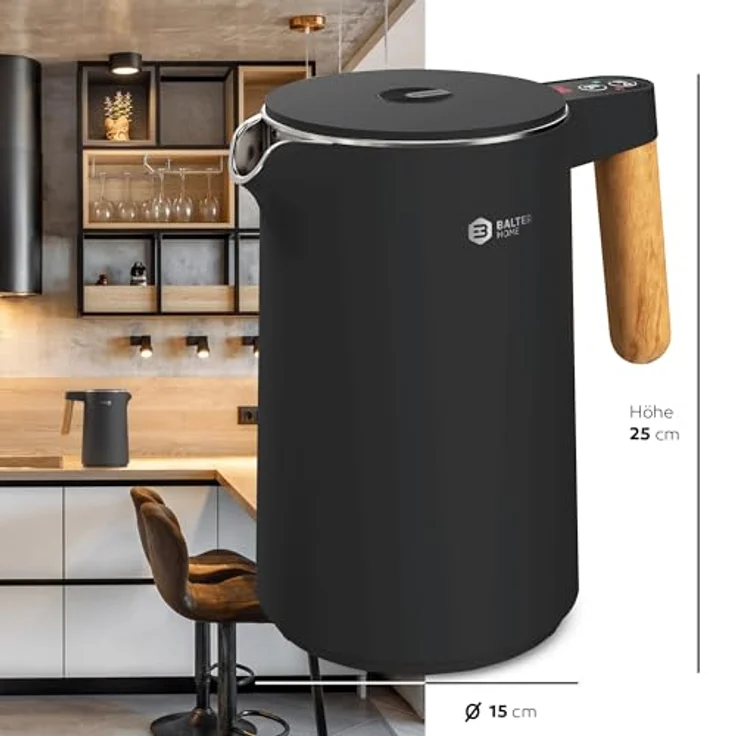 BALTER WK-08-BL Edelstahl-Wasserkocher, 2200W, 1,5L, doppelwandig, kabellos, Warmhaltefunktion, schwarz – Bild 10