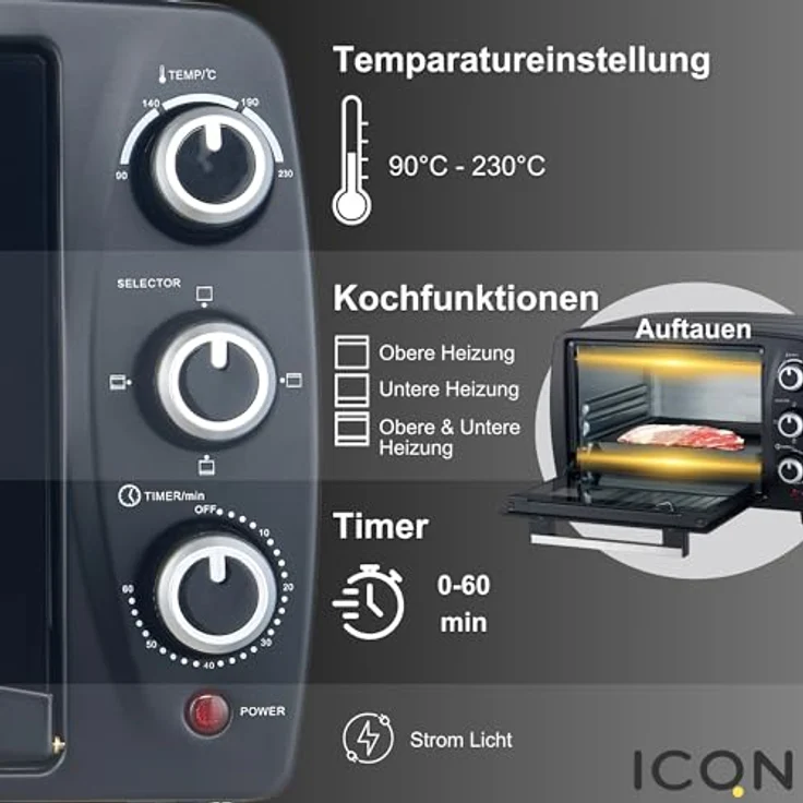 ICQN Kompakter Minibackofen 15 Liter, 1200W, 60 min-Timer, 3 Kochfuntionen, 90°-230°C, Anthrazit – Bild 3