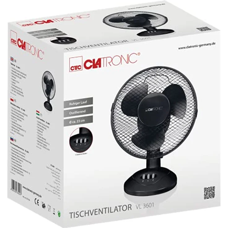 Clatronic VL 3601 Tischventilator, 23 cm Durchmesser, oszillierend, Neigungswinkel verstellbar, 2 Geschwindigkeitsstufen – Bild 7