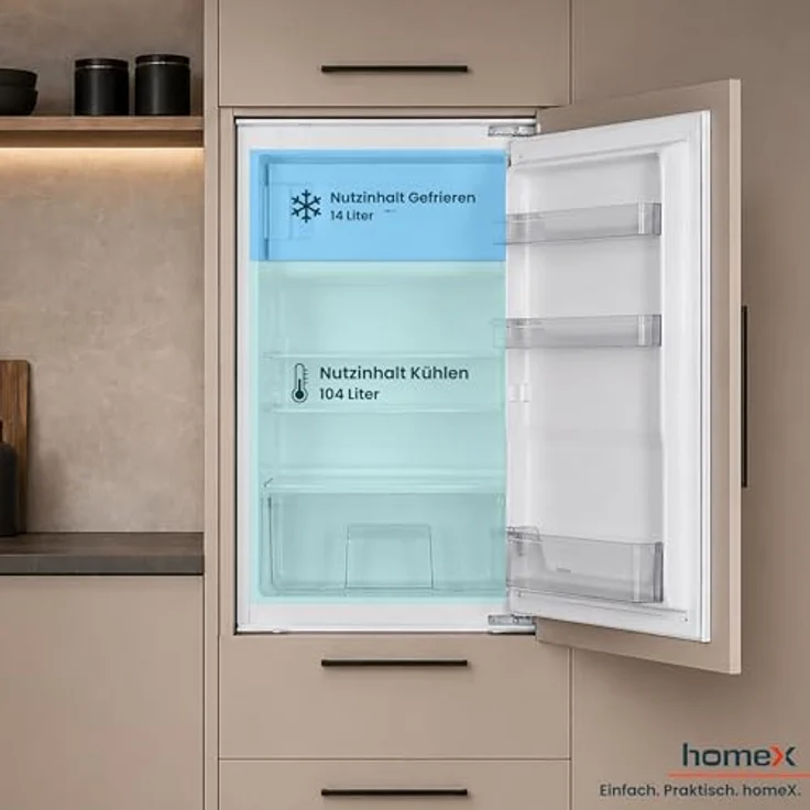 homeX CFB1181E Einbaukühlschrank mit Gefrierfach, 118 Liter, Schlepptürtechnik, LED-Beleuchtung, leise mit 37 dB, für 88 cm Nische – Bild 5