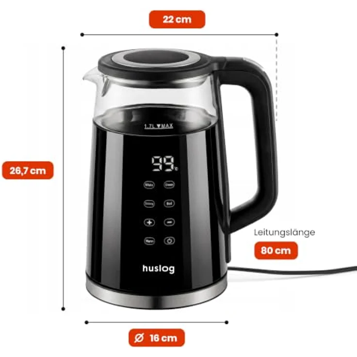 Huslog Elektrischer Wasserkocher 1,7L mit Temperaturanzeige, 2200W Touchpanel aus Glas – Bild 7