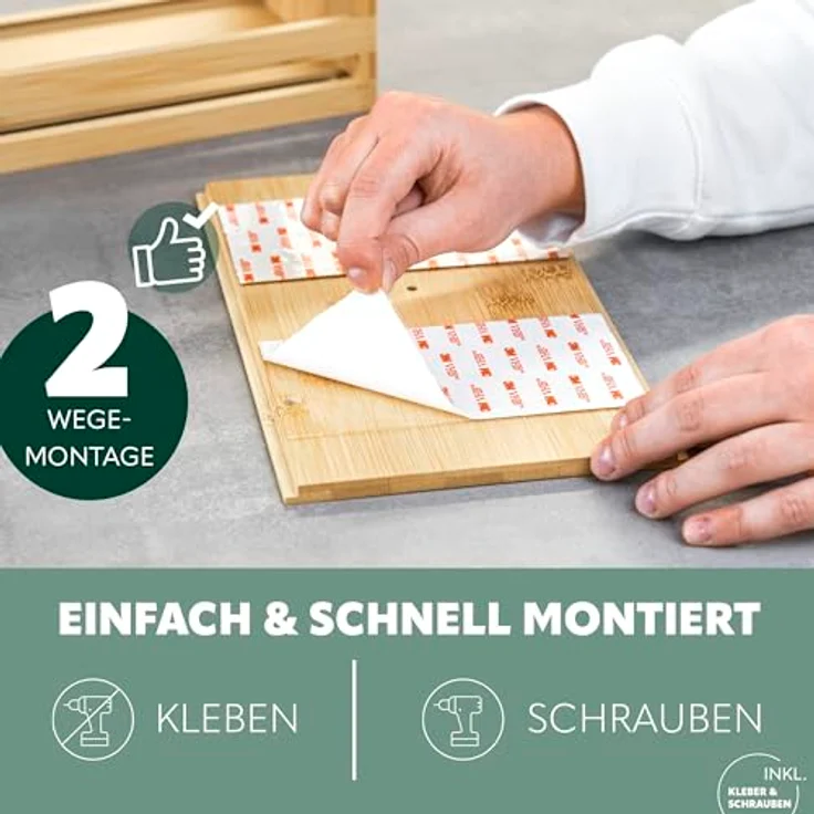 eluno Gewürzregal 2 Etagen, ausziehbarer Küchenorganizer zur Aufbewahrung von Gewürzen, Kräutern, Tee und Ölflaschen, leichte Montage zum Kleben oder Bohren, Bambus, 29 x 16 x 24,5 cm – Bild 4