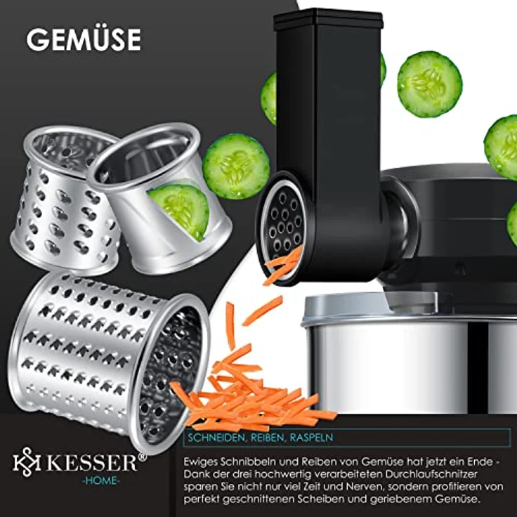 KESSER K-KM 3000 3 in 1 Universal Küchenmaschine, 1500W, 5,5L Schüssel, inkl. Fleischwolf, 3 Rührwerkzeuge, 1,5L Entsafter, Wurst Set Pasta & Plätzchenformen, schwarz – Bild 4