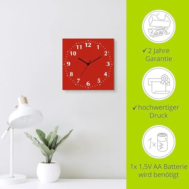 ARTLAND Wanduhr ohne Tickgeräusche Alu Funkuhr 30x30 cm Quadratisch Lautlos 12 Ziffern Farbig Schlichtes Design Rot S7KJ – Bild 3