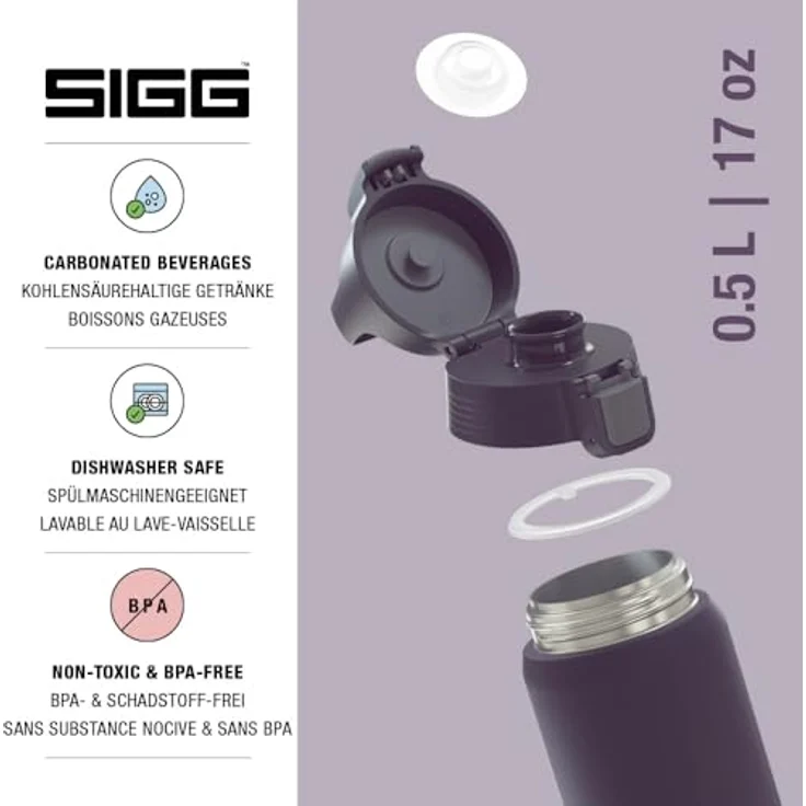 SIGG Shield Therm One Nocturne, isolierte Trinkflasche aus 90% recyceltem Edelstahl, dunkelviolett, 0,5L, kohlensäurehaltig, auslaufsicher, BPA-frei, spülmaschinenfest – Bild 3