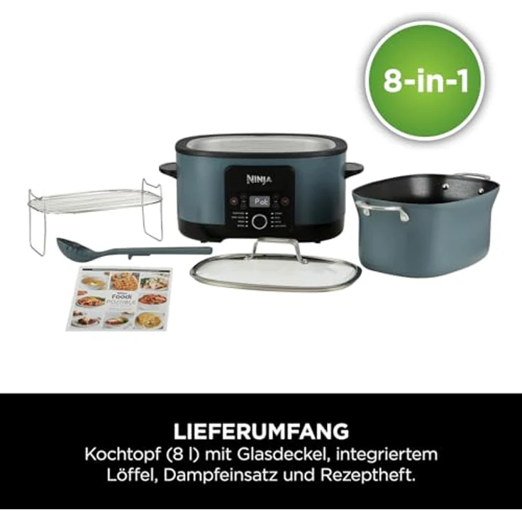 Ninja Foodi PossibleCooker MC1001EU, 8-in-1 Digitaler Multikocher mit 8 l Fassungsvermögen, Schongarer, Dämpfen, Anbraten, Backen, Meersalzgrau – Bild 2