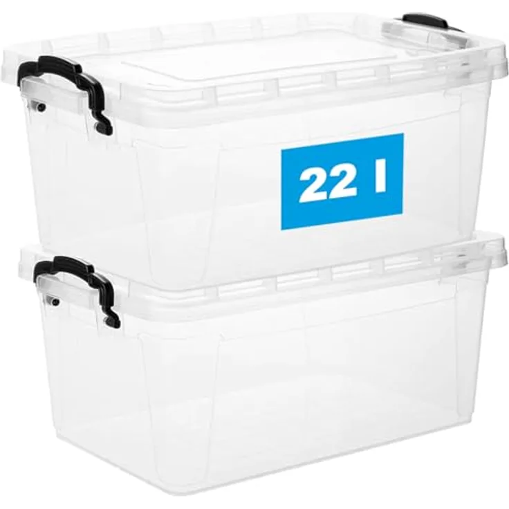 2friends Aufbewahrungsbox mit Deckel, 22 Liter, 2 Stück, stapelbar, lebensmittelecht, transparent, BPA-frei, Made in EU