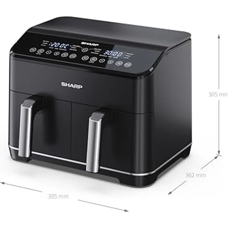 SHARP AF-GD82AE-B Heißluftfritteuse mit 2 Fächern, 2 x 4L mit digitaler Steuerung – Touchdisplay Funktion, 12 Programme, 1800W, Schwarz, Backen ohne Öl – Bild 5