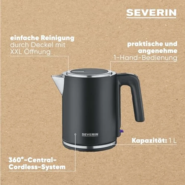 SEVERIN WK 9555 Wasserkocher 1L, leistungsstark & kompakt, schwarz-silber/Edelstahl, mit Wasserstandsanzeige, Kalkfilter & XXL-Öffnung – Bild 5