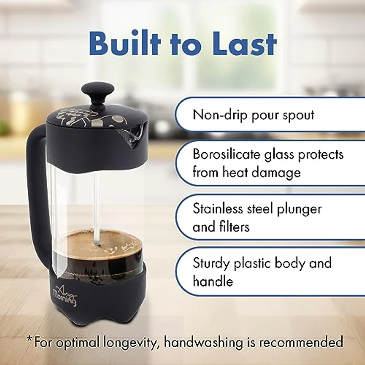 Any Morning FY92 French Press Kaffeebereiter | Kaffeekanne aus Edelstahl | Pressstempelkanne für frischen Filterkaffee | isolierte Kaffeepresse für Zuhause | Reisen | Camping | 350 Ml | Schwarz – Bild 3