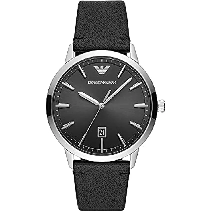 Emporio Armani Uhr für Herren , DreizeigerDatumswerk, 43mm Silbernes Edelstahlgehäuse mit Lederarmband, AR11193, Grau