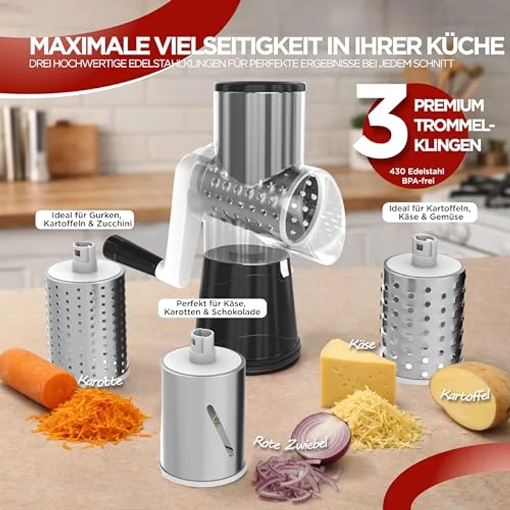 BI International Gemüseschneider mit Kurbel, Trommelreibe mit 3 Edelstahl-Klingen, stabiler Saugfuß und praktischer Lebensmittelschieber – Bild 2