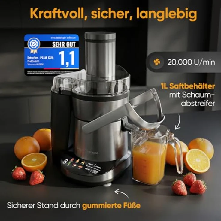 ProfiCook PC-AE 1326, Entsafter mit 1000W Motor, leicht zu reinigen, feines Mikrosieb, Edelstahlgehäuse – Bild 2