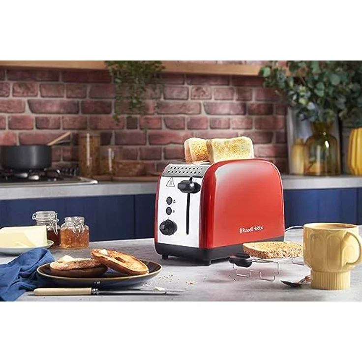 Russell Hobbs Toaster [für 2 Scheiben] Colours Plus Edelstahl Rot (extra breite Toastschlitze, inkl. Brötchenaufsatz, 6 Bräunungsstufen + Auftaufunktion, Lift & Look-Funktion, 1600W) 26554-56 – Bild 2