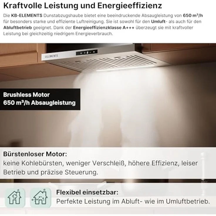 KB ELEMENTS Dunstabzugshaube 60cm, Umluft/Abluft mit 650m³/h Saugleistung, Brushless-Motor, Touch-Gestensteuerung, Edelstahl, inklusive 2 Aktivkohlefilter und 2 Baffle-Fettfilter – Bild 3