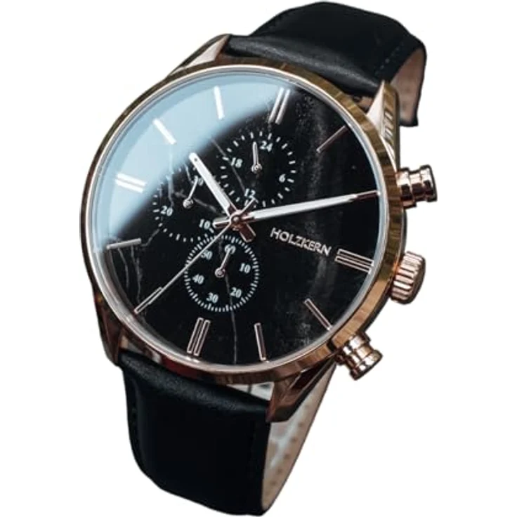 HOLZKERN Herren-Quarzuhr Chronograph Relational, Marmor/Roségoldfarben, Lederarmband Schwarz, Stoppuhr und Kalenderfunktion – Bild 1