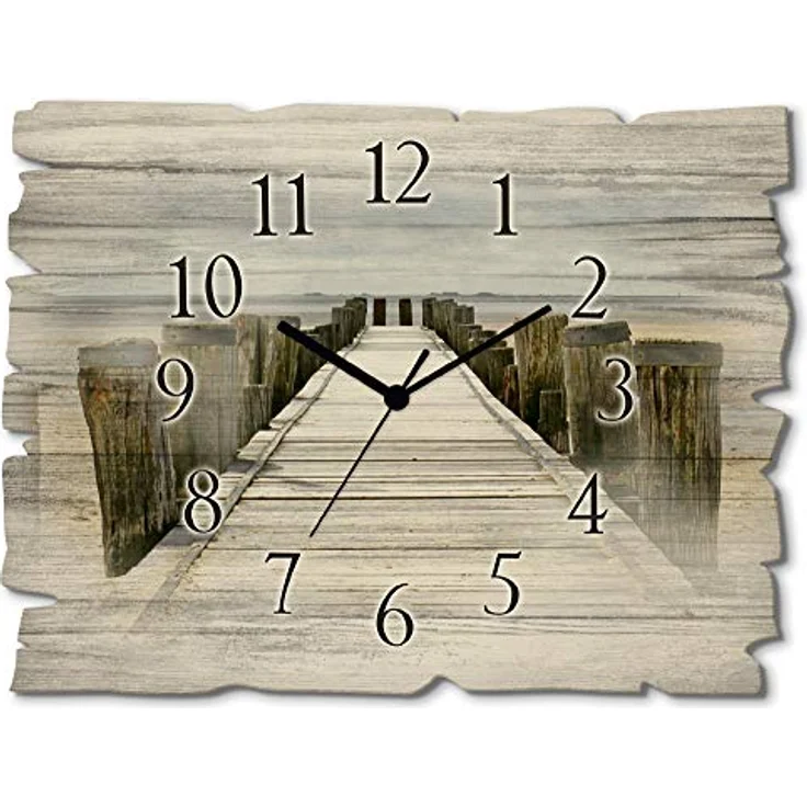 ARTLAND Wanduhr ohne Tickgeräusche aus Holz Funkuhr 40x30 cm Rechteckig Lautlos Strand Meer Steg Watt Nordsee Maritim Originell T9NK – Bild 1