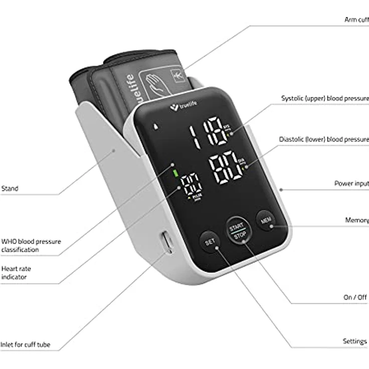 TrueLife Pulse B-Vision Blutdruckmessgerät Oberarm mit LED-Display, Digital Messgerät, Bewegungsanzeige, Arrhythmie-Erkennung & Pulsmessung, 2×120 Speicher, WHO Ampel-Farbskala, Zwei Betriebsarten – Bild 5
