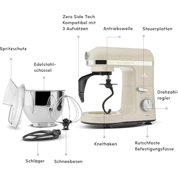 Karaca Mastermaid Chef Pro Double Armed Küche Koch 1500W Soft Cream, Glänzend Cream, 1500W, 5 L Mixer, Food Processor, Geschwindigkeitseinstellung, Knethaken, Verquirlen, Kneten und Mischen – Bild 2
