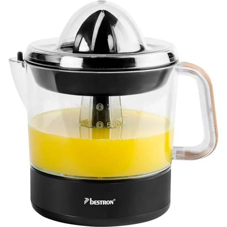Bestron elektrische Zitrus- & Orangenpresse, inkl. 2 Presskegel und Aromadeckel, Motor mit zwei Drehrichtungen, Füllmenge: 0.7 Liter, Black & Wood Kollektion, Schwarz/Holz