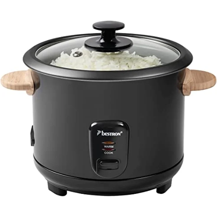 Bestron ARC180BW Reiskocher, 700W, 1,8 Liter, für 8 - 10 Personen, Warmhaltefunktion, inkl. Messbecher, Reiflöffel, mit Bambusgriffen, Kontrollleuchte, Wasserstandsanzeige, antihaftbeschichtet, schwarz-holz – Bild 2