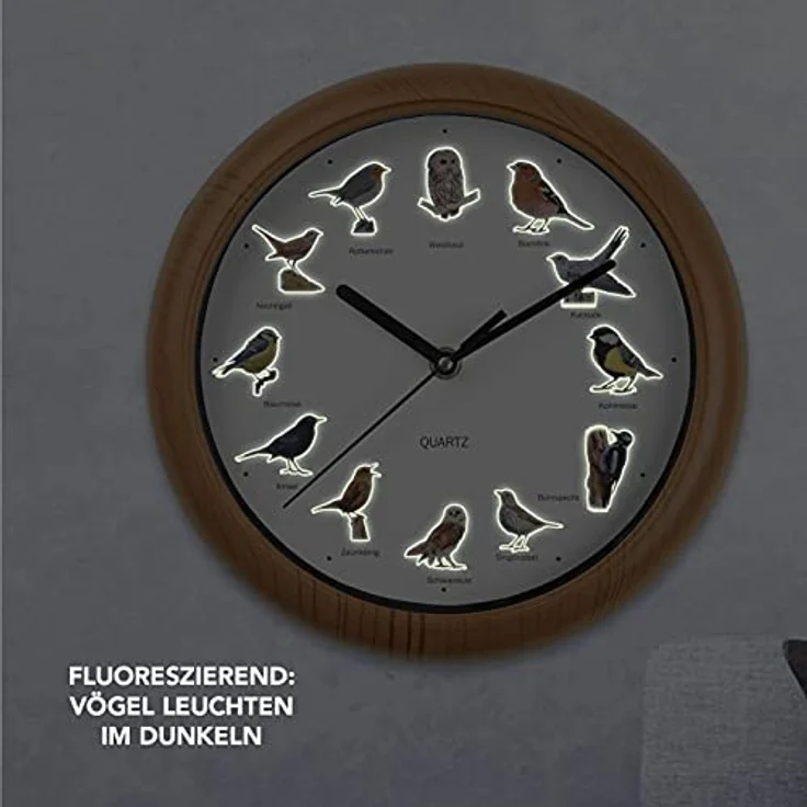 MAXXMEE Wanduhr mit Vogelstimmen, 12 Singvogelstimmen und fluoreszierenden Vogelmotiven, automatische Abschaltung zwischen 21 und 5 Uhr, 25 cm – Bild 5