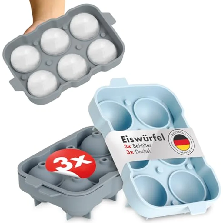 Blumtal Eiswürfelformen Silikon 3er Set, BPA-freie Eiskugelform mit Deckel für 6 runde Eiswürfel, Olivgrün + Mineral Rot – Bild 1