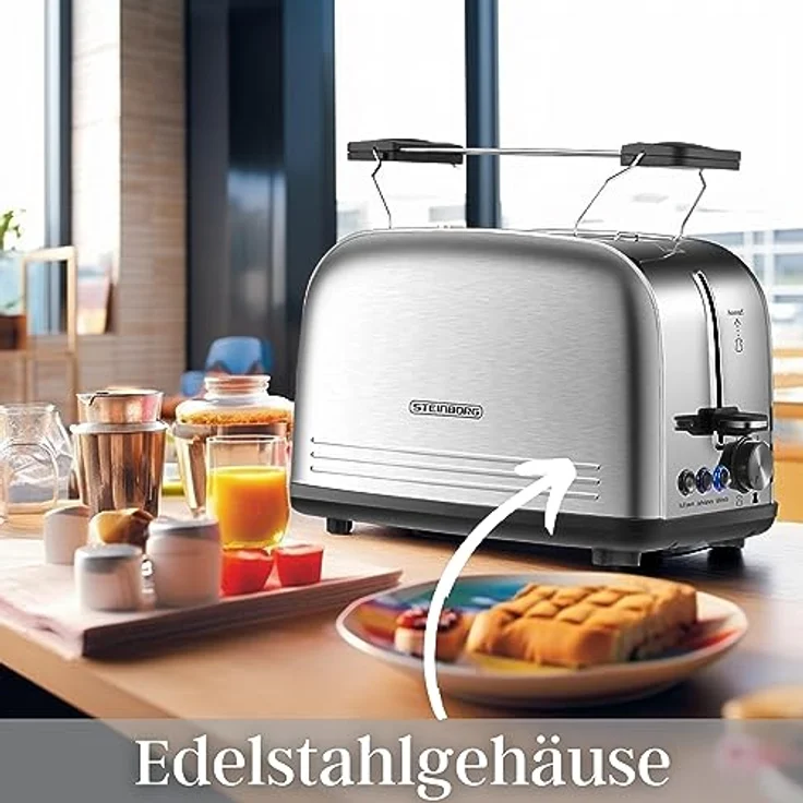 Edelstahl Toaster mit Brötchenaufsatz | Toaster 2 Scheiben | Doppelschlitz Toaster | 7 Stufen | 4 Funktionen| Toastautomat | Krümelschublade – Bild 4