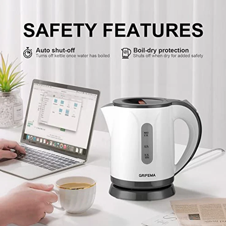 GRIFEMA Wasserkocher Klein, 0.8L, 1100W - Teekocher Elektrisch mit Kalkfilter, Kettle Leise, Schnell, Wasserkocher BPA-Frei, Reisewasserkocher Automatische Abschaltung,Überhitzungsschutz,Weiß – Bild 3