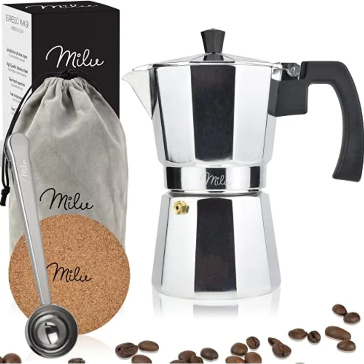 Milu Espressokocher (No Induktion) | 2, 3, 6, 9 Tassen| Aluminium Mokkakanne, Espressokanne, Espresso Maker Set inkl. Untersetzer, Löffel, Bürste (Aluminium, 2 Tassen (100ml) – Bild 1