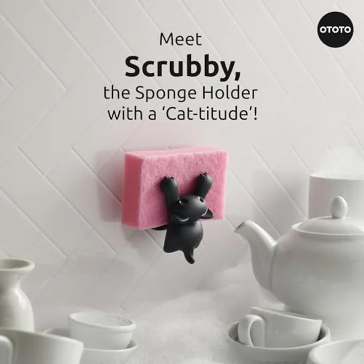 OTOTO Scrubby Schwammhalter für Küchenspüle, graue Katze, spülmaschinenfest, rostfrei, 9,9 x 7,9 x 9,9 cm – Bild 2