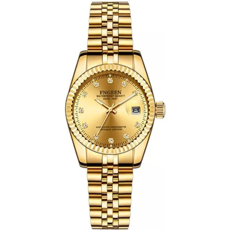 JewelryWe Damen Edelstahl Uhr, analog Quarz mit Datum, wasserdicht, goldfarbenes Zifferblatt und Leuchtzeiger – Bild 1