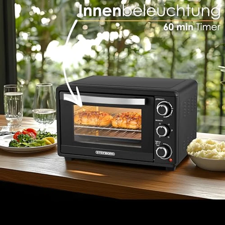 Steinborg Mini Backofen mit Umluft 25 Liter Elektrischer Pizzaofen Minibackofen Miniofen 3in1 Backofen Krümelblech Ober-/Unterhitze Energiesparend 100-230°C 60 Min Timer – Bild 5