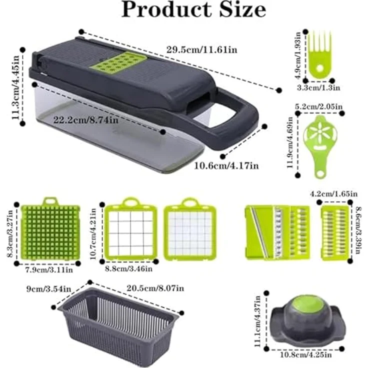 Luazvilkpsar 14 in 1 Gemüseschneider Mandoline, Multifunktionaler Küchenschneider mit 6 Edelstahlklingen, Julienne- und Würfelfunktion, BPA-frei, inklusive Behälter und Zubehör – Bild 2