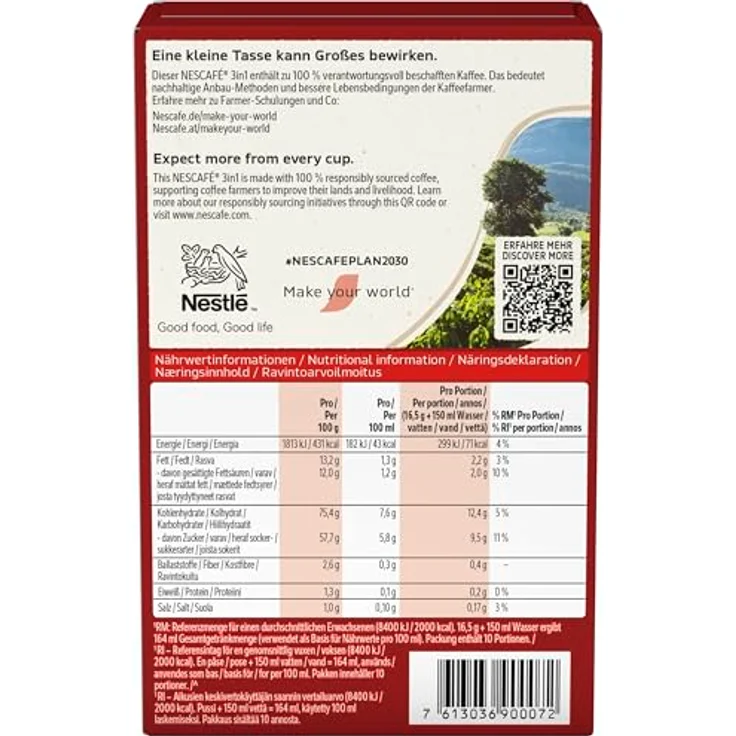 Nescafé 3-in-1 Sticks, löslicher Bohnenkaffee, mit Creamer & Zucker, Instant-Kaffee aus erlesenen Kaffeebohnen, koffeinhaltig, 8er Pack (8 x 165 g) – Bild 3